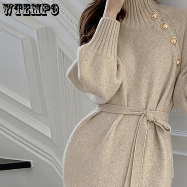 WTEMPO-فستان سترة الياقة المدورة للمرأة ، فساتين منسوجة متوسطة الطول ، تريكو زرر ، فضفاض ، Vintage ، مثير ، خريف ، شتاء 6