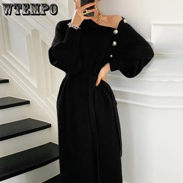 WTEMPO-فستان سترة الياقة المدورة للمرأة ، فساتين منسوجة متوسطة الطول ، تريكو زرر ، فضفاض ، Vintage ، مثير ، خريف ، شتاء 5